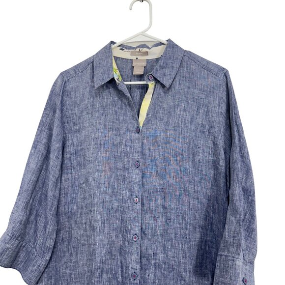 Chicos Light Blue 100% Linen No Iron Button-Up Tunic Shirt Womens Size 1 (8/10) - Picture 2 of 12